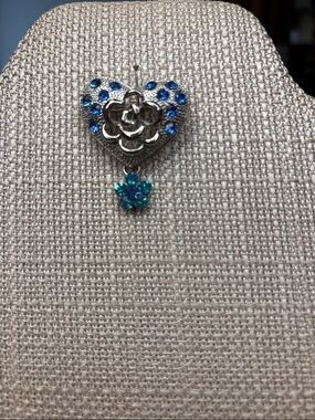 Silver Heart Brooch with Blue Crystal Floral Drop